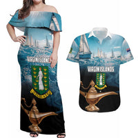 Personalised British Virgin Islands Couples Matching Off Shoulder Maxi Dress and Hawaiian Shirt Vigilate Golden Lamps