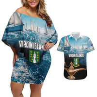 Personalised British Virgin Islands Couples Matching Off Shoulder Short Dress and Hawaiian Shirt Vigilate Golden Lamps