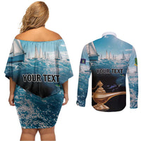 Personalised British Virgin Islands Couples Matching Off Shoulder Short Dress and Long Sleeve Button Shirt Vigilate Golden Lamps