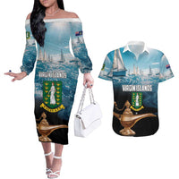 Personalised British Virgin Islands Couples Matching Off The Shoulder Long Sleeve Dress and Hawaiian Shirt Vigilate Golden Lamps