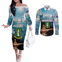 Personalised British Virgin Islands Couples Matching Off The Shoulder Long Sleeve Dress and Long Sleeve Button Shirt Vigilate Golden Lamps