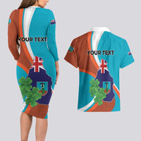 Personalised Montserrat Couples Matching Long Sleeve Bodycon Dress and Hawaiian Shirt Gold Harp And Black Cross