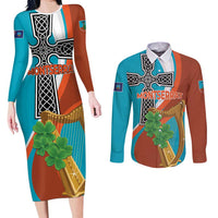 Personalised Montserrat Couples Matching Long Sleeve Bodycon Dress and Long Sleeve Button Shirt Gold Harp And Black Cross