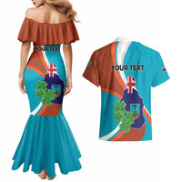 Personalised Montserrat Couples Matching Mermaid Dress and Hawaiian Shirt Gold Harp And Black Cross