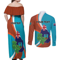 Personalised Montserrat Couples Matching Off Shoulder Maxi Dress and Long Sleeve Button Shirt Gold Harp And Black Cross