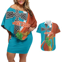 Personalised Montserrat Couples Matching Off Shoulder Short Dress and Hawaiian Shirt Gold Harp And Black Cross