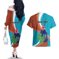 Personalised Montserrat Couples Matching Off The Shoulder Long Sleeve Dress and Hawaiian Shirt Gold Harp And Black Cross