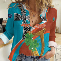 Personalised Montserrat Women Casual Shirt Gold Harp And Black Cross - Wonder Print Shop