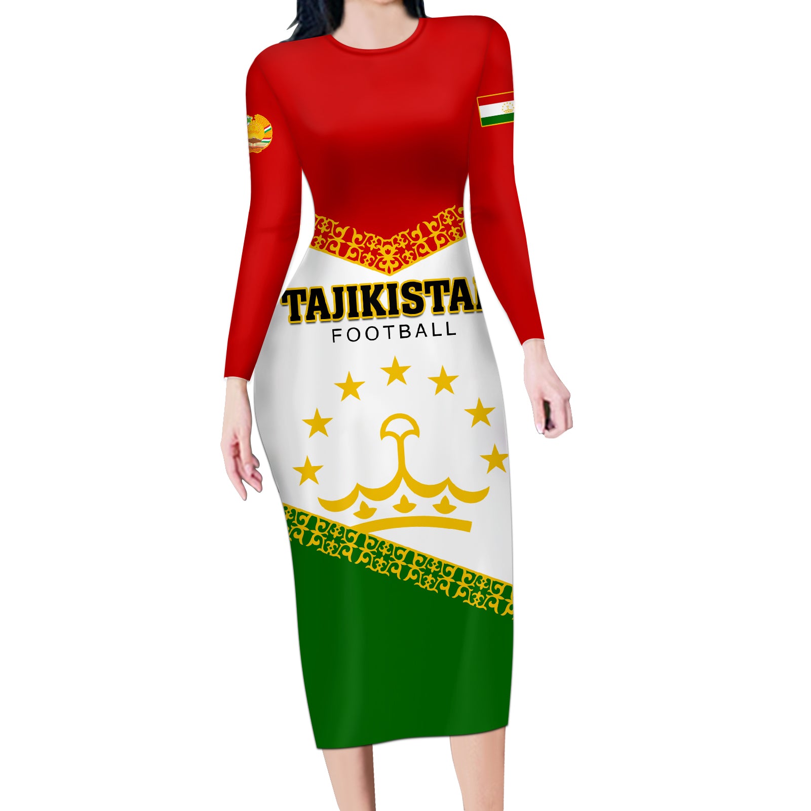 Tajikistan Football Long Sleeve Bodycon Dress Come On Tadzhikistan