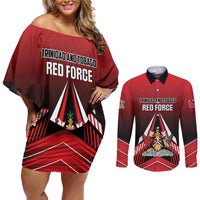 Custom Cricket Trinidad and Tobago Red Force Couples Matching Off Shoulder Short Dress and Long Sleeve Button Shirt Go Champion
