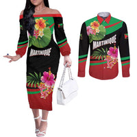 Personalized Martinique Tropical Flower Couples Matching Off The Shoulder Long Sleeve Dress and Long Sleeve Button Shirt Matinik Beautiful Island