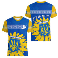 Ukraine Women V Neck T Shirt Ukrainian Coat Of Arms With Sunflower - Wonder Print Shop