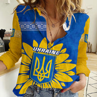 Personalised Ukraine Women Casual Shirt Ukrainian Coat Of Arms With Sunflower - Wonder Print Shop