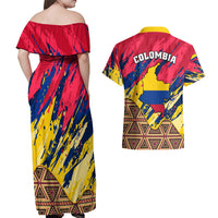 Colombia Couples Matching Off Shoulder Maxi Dress and Hawaiian Shirt Colombian Tribal Seamless Patterns - Wonder Print Shop