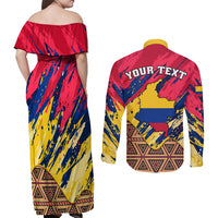 Personalised Colombia Couples Matching Off Shoulder Maxi Dress and Long Sleeve Button Shirts Colombian Tribal Seamless Patterns - Wonder Print Shop