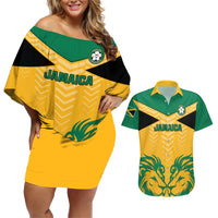 Yellow off-shoulder short dress with matching green Hawaiian shirt, front Jamaica lion graphic