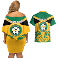 Yellow off-shoulder short dress with matching green Hawaiian shirt, back graphics