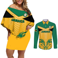 Yellow off-shoulder short dress and green long-sleeve button shirt, front view