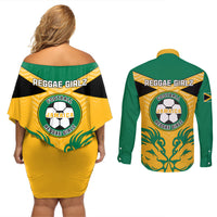 Yellow off-shoulder short dress and green long-sleeve button shirt, back view