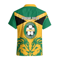 Green and yellow Hawaiian shirt with Reggae Girlz back graphic, football crest, and lion