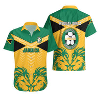 Green and yellow Jamaica football Hawaiian shirt shown front and back with lion graphics