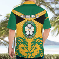 Green and yellow Jamaica football Hawaiian shirt with lion back print and Reggae Girlz text