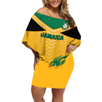 Off-shoulder short dress in yellow with green and black panels and Jamaica football graphic