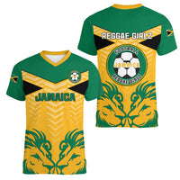 Jamaica Football Women V Neck T Shirt Reggae Girlz Lion Sporty Style - Wonder Print Shop