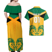 Personalised Jamaica Football Couples Matching Off Shoulder Maxi Dress and Hawaiian Shirt Reggae Girlz Lion Sporty Style - Wonder Print Shop