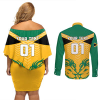 Personalised Jamaica Football Couples Matching Off Shoulder Short Dress and Long Sleeve Button Shirts Reggae Girlz Lion Sporty Style - Wonder Print Shop