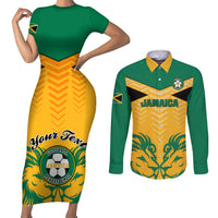 Personalised Jamaica Football Couples Matching Short Sleeve Bodycon Dress and Long Sleeve Button Shirts Reggae Girlz Lion Sporty Style - Wonder Print Shop
