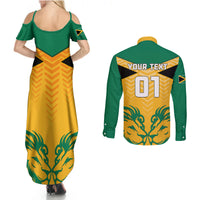 Personalised Jamaica Football Couples Matching Summer Maxi Dress and Long Sleeve Button Shirts Reggae Girlz Lion Sporty Style - Wonder Print Shop