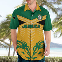 Personalized Hawaiian football shirt, green/yellow front with 'JAMAICA' logo and lion