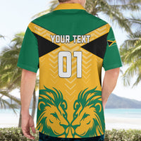 Personalized Hawaiian football shirt, green/yellow back with 'YOUR TEXT' '01' lion