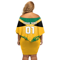 Yellow off-shoulder short dress, back print 'YOUR TEXT 01' with Jamaica graphics
