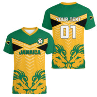 Personalised Jamaica Football Women V Neck T Shirt Reggae Girlz Lion Sporty Style - Wonder Print Shop