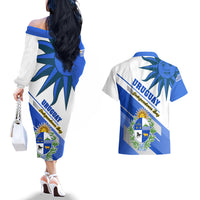 Uruguay Independence Day Couples Matching Off The Shoulder Long Sleeve Dress and Hawaiian Shirt Uruguayan Sol de Mayo Special Version - Wonder Print Shop