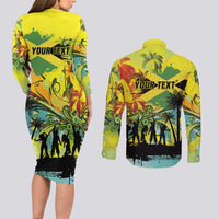 Personalized Jamaica Sleng Teng Riddim Couples Matching Long Sleeve Bodycon Dress and Long Sleeve Button Shirt Booyaka Booyaka - Wonder Print Shop