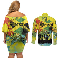 Personalized Jamaica Sleng Teng Riddim Couples Matching Off Shoulder Short Dress and Long Sleeve Button Shirt Booyaka Booyaka - Wonder Print Shop