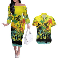 Personalized Jamaica Sleng Teng Riddim Couples Matching Off The Shoulder Long Sleeve Dress and Hawaiian Shirt Booyaka Booyaka - Wonder Print Shop