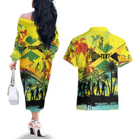 Personalized Jamaica Sleng Teng Riddim Couples Matching Off The Shoulder Long Sleeve Dress and Hawaiian Shirt Booyaka Booyaka - Wonder Print Shop