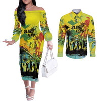 Personalized Jamaica Sleng Teng Riddim Couples Matching Off The Shoulder Long Sleeve Dress and Long Sleeve Button Shirt Booyaka Booyaka - Wonder Print Shop