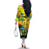 Personalized Jamaica Sleng Teng Riddim Family Matching Off The Shoulder Long Sleeve Dress and Hawaiian Shirt Booyaka Booyaka - Wonder Print Shop