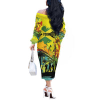 Personalized Jamaica Sleng Teng Riddim Off The Shoulder Long Sleeve Dress Booyaka Booyaka - Wonder Print Shop