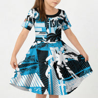 Custom Fijian Rugby Kid Short Sleeve Dress Grunge Palm Stylized
