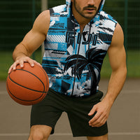 Custom Fijian Rugby Sleeveless Zip Hoodie Grunge Palm Stylized