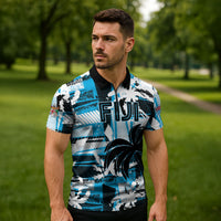 Custom Fijian Rugby Zipper Polo Shirt Grunge Palm Stylized