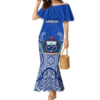 Blue off-shoulder mermaid dress with navy patterned print and Samoa crest at center
