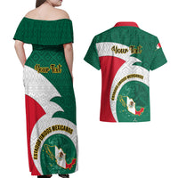 Personalised Mexico Independence Day Couples Matching Off Shoulder Maxi Dress and Hawaiian Shirt Mexican Aztec Pattern - Wonder Print Shop