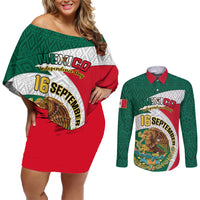 Personalised Mexico Independence Day Couples Matching Off Shoulder Short Dress and Long Sleeve Button Shirts Mexican Aztec Pattern - Wonder Print Shop